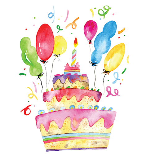 Birthday cake hand painted watercolor illustration, Birthday party, celebration, holiday, fun, cute, balloons, candle -1